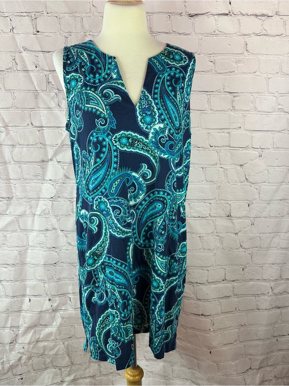 Lands' End paisley cotton shift dress women L beach tropical resortwear summer